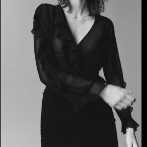 Zara Black Sheer Ruffle Top Wrap NWT